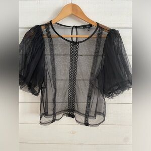 Iris Black Sheer Blouse puff sleeve lace details women’s large romantic